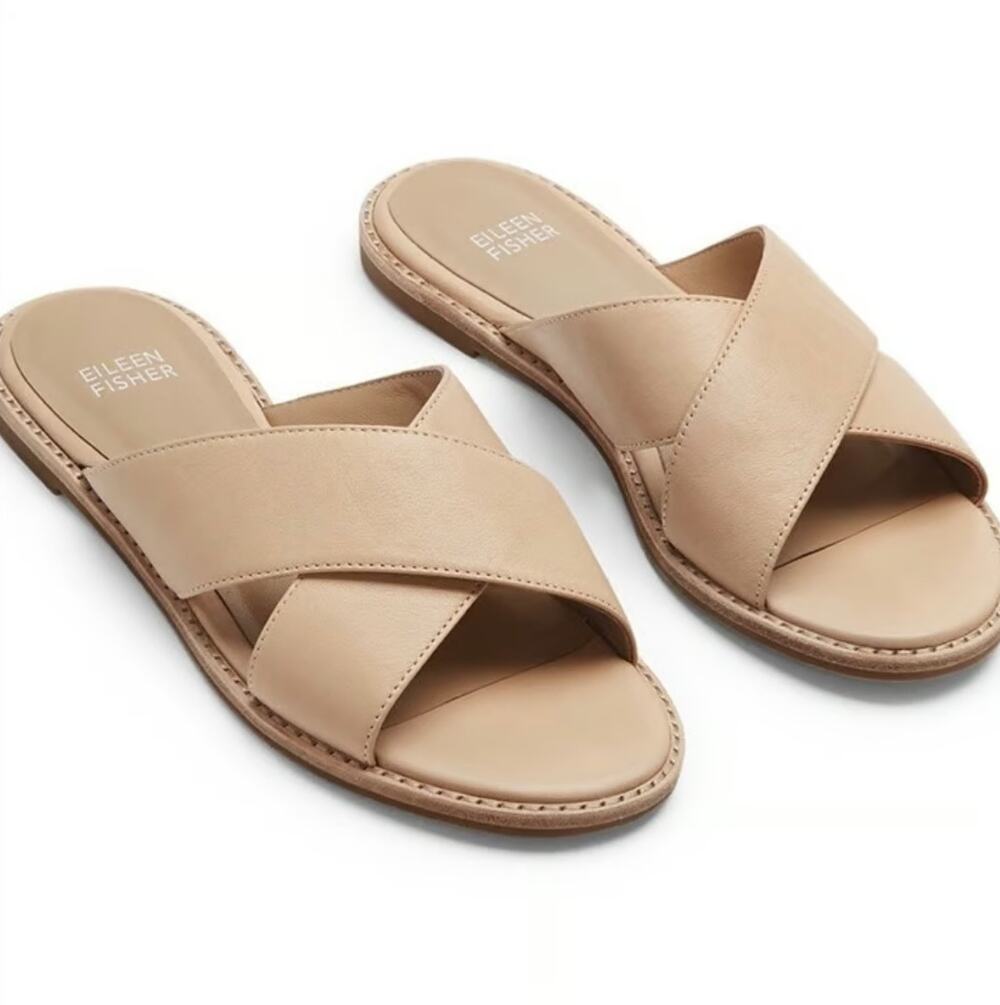 Eileen Fisher Cape Sandals Slip On Flats Crossover Leather Straps Tan 11